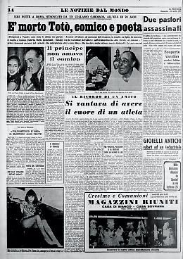 Si è spento a 70 anni il principe Antonio De Curtis, in arte Totò