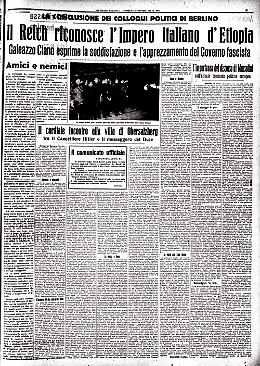 La Germania riconosce ufficialmente l'impero italiano in Etiopia. Soddisfazione di Galeazzo Ciano dopo i colloqui a Berlino