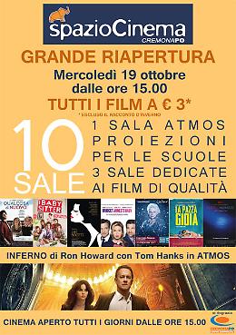 Mercoledì 19 ottobre spazioCinema Cremona Po riapre con 10 sale