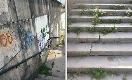 Cimitero: erbacce, muri imbrattati e gradini rotti