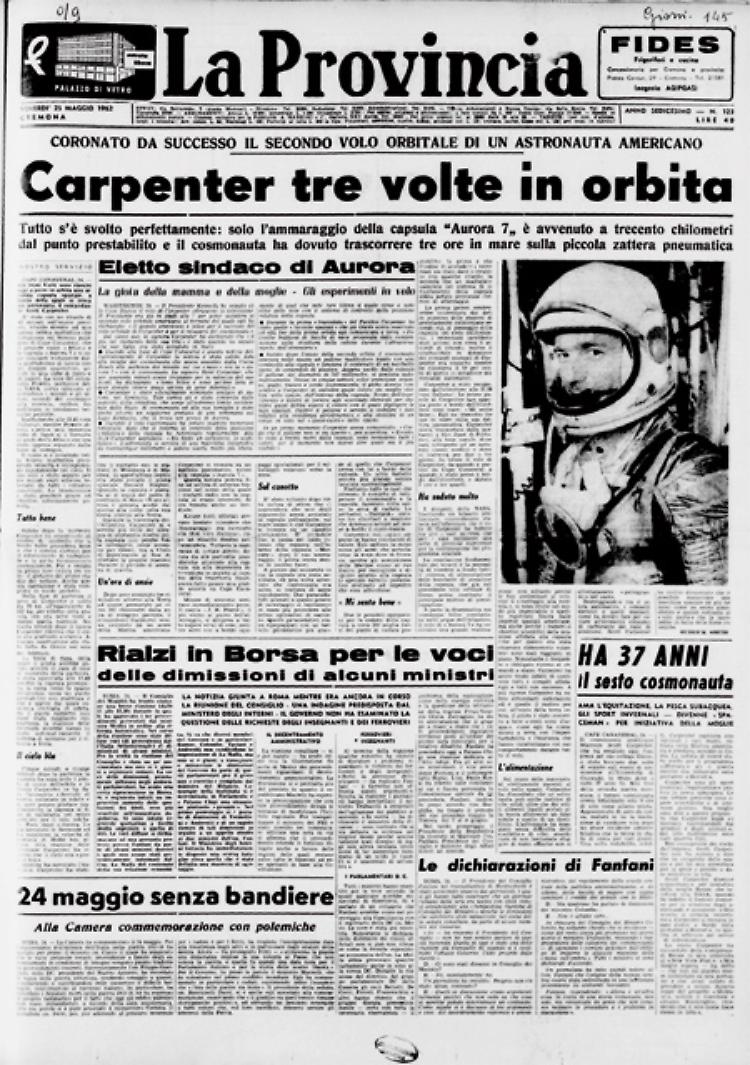 Carpenter tre volte in orbita. E' il secondo volo di un astronauta americano