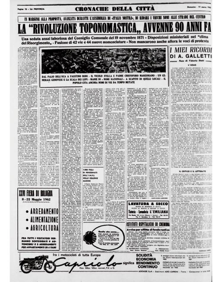 La rivoluzione toponomastica delle vie di Cremona del 1871