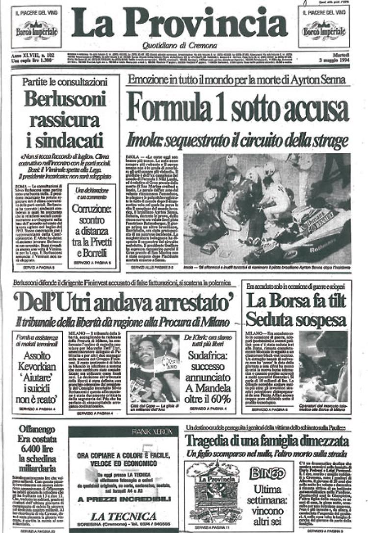 Strage a Imola: il 30 muore Ratzenberger in prova, domenica 1° maggio Ayrton Senna