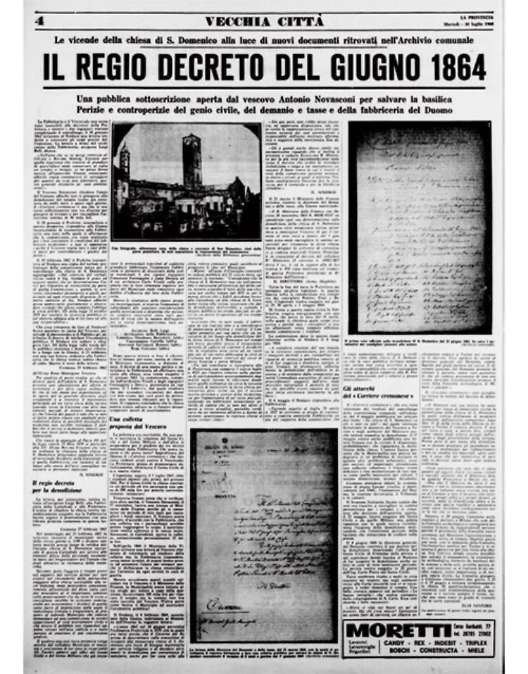 La Chiesa di San Domenico: il Regio decreto del giugno 1864 per la demolizione