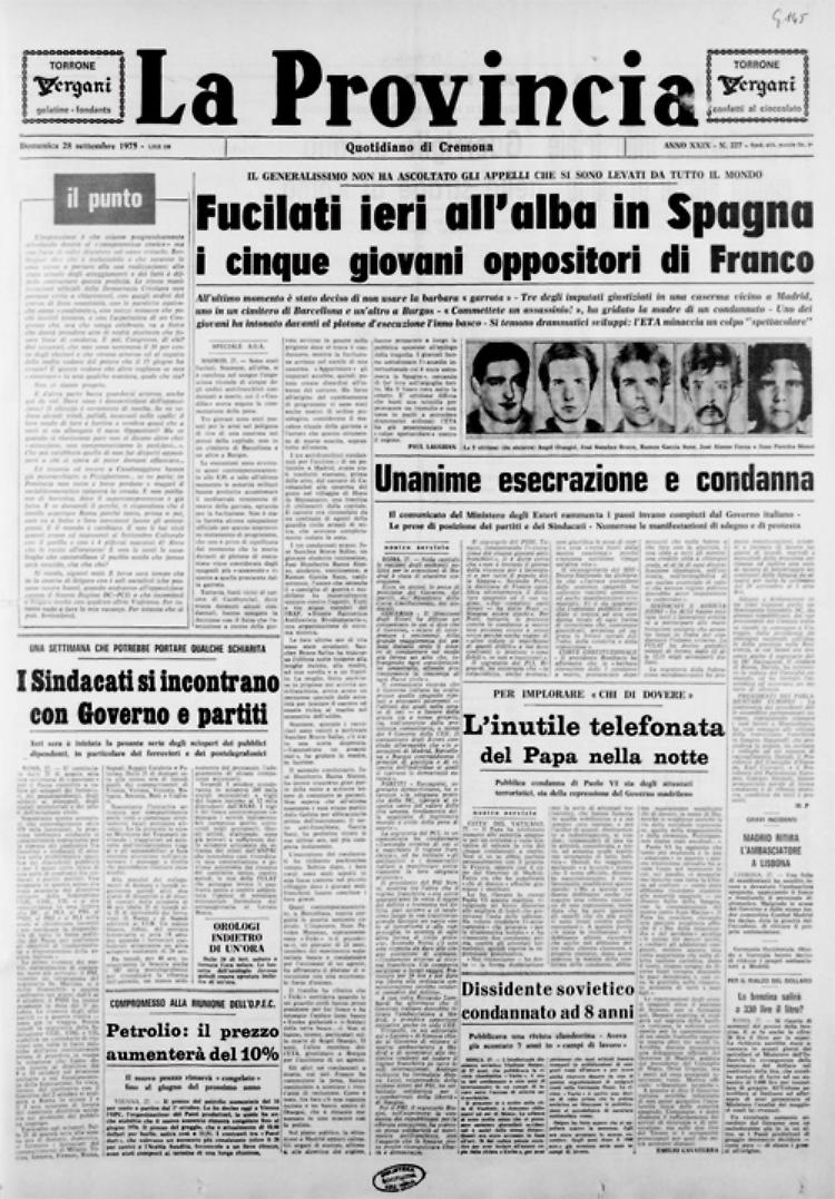 Fucilati in Spagna cinque giovani oppositori del generalissimo Franco
