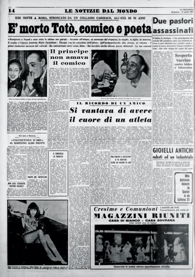 Si è spento a 70 anni il principe Antonio De Curtis, in arte Totò