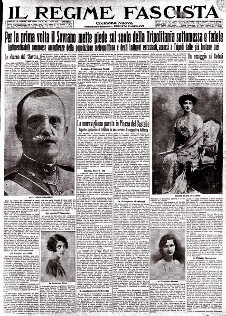 Re Vittorio Emanuele per prima volta mette piede in Tripolitania e viene accolto da una folla esultante
