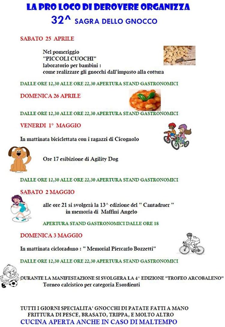 A Derovere (CR) la 'Sagra dello Gnocco' 25, 26 aprile, 1, 2, 3 maggio