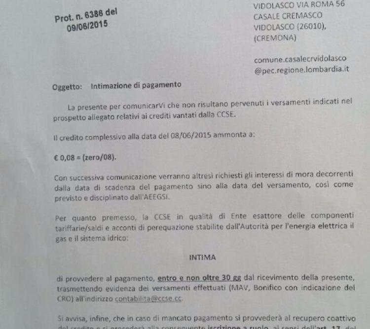 Il Comune ‘evasore’ di 8 centesimi
Il sindaco ironico: «Troverò i soldi»