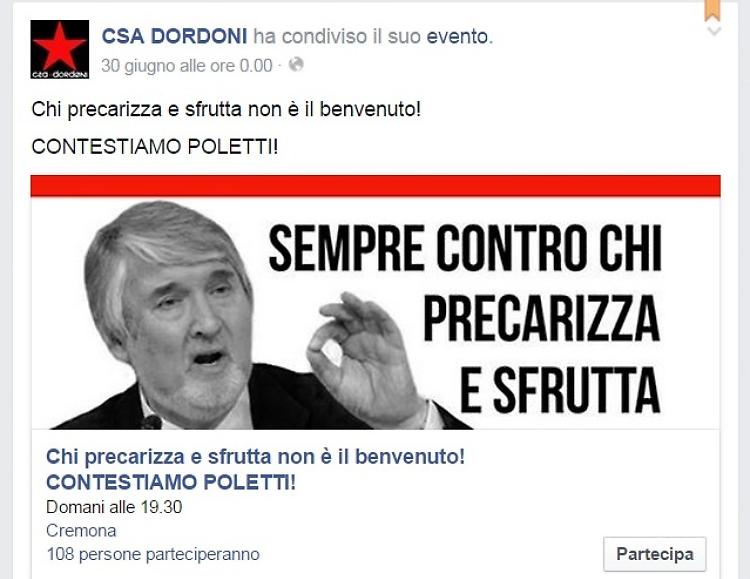 Poletti alla Festa de l'Unità, annunciate contestazioni 