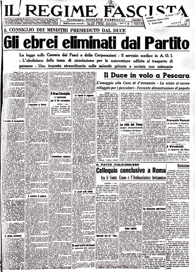 Fuori dal Partito gli ebrei! Prendono corpo le leggi razziali. Farinacci tiene a Milano una conferenza sul problema giudaco