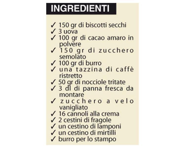 LA RICETTA. Torta al cioccolato con cannoli alla crema, fragole lamponi e mirtilli