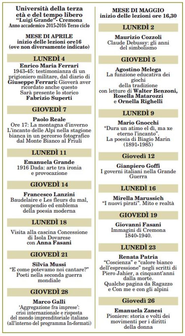 A lezione di Novecento, i corsi dell'Unitrè