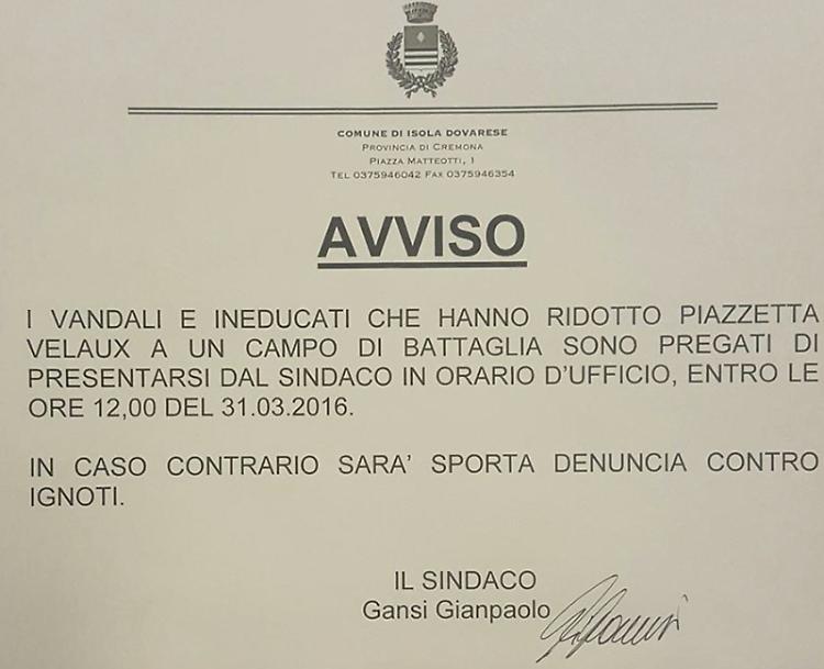 Il sindaco ‘convoca’ i vandali