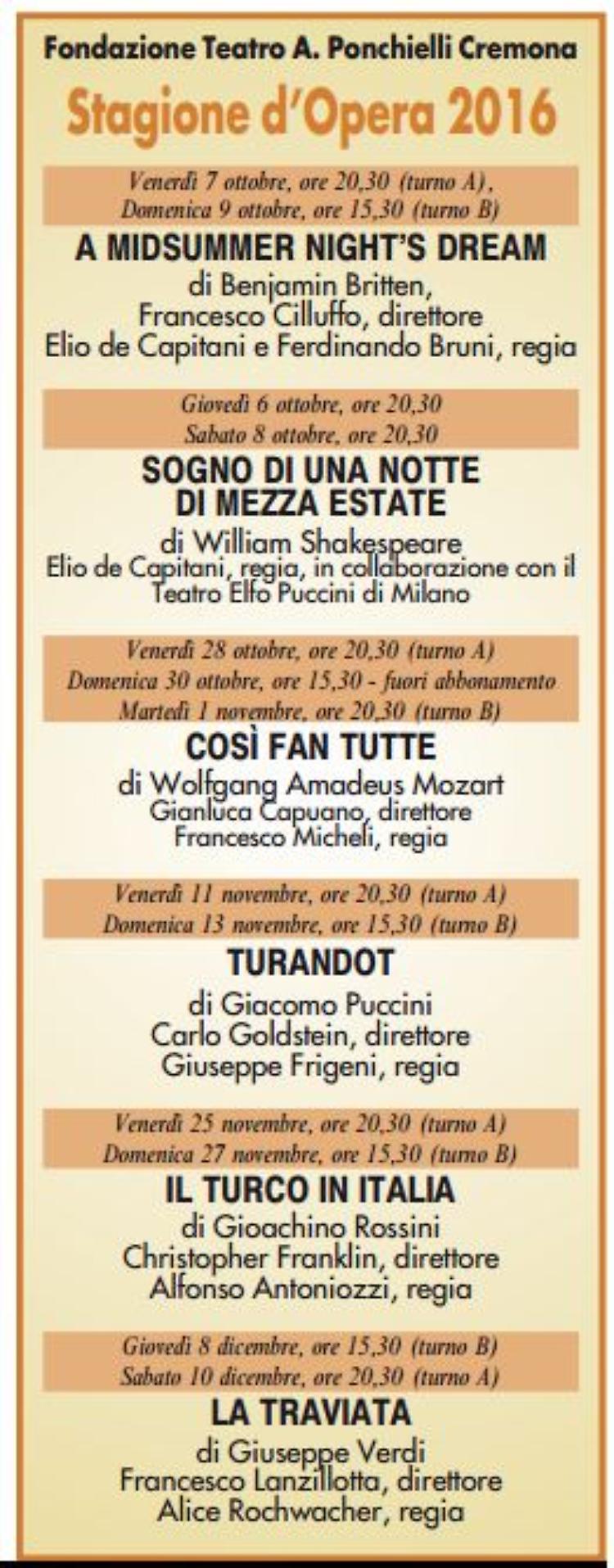 Stagione d'Opera 2016Cremona. Teatro PonchielliDa Shakespeare a Verdi