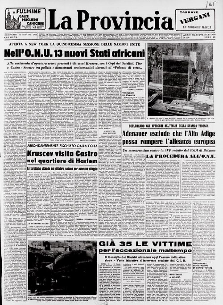 Nell'Onu 13 nuovi Stati Africani - Kruscev visita Castro - Maltepo: già 35 le vittime -Adenauer esclude che l'Alto Adige possa rompere l'alleanza europea