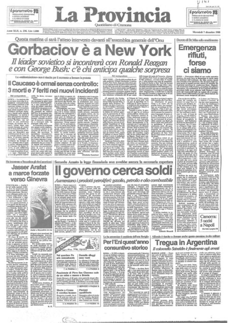 * Gorbaciov all'assemblea generale dell'Onu - Emergenza rifiuti in Italia - Arafat incontra gli ebrei americani a Stoccolma