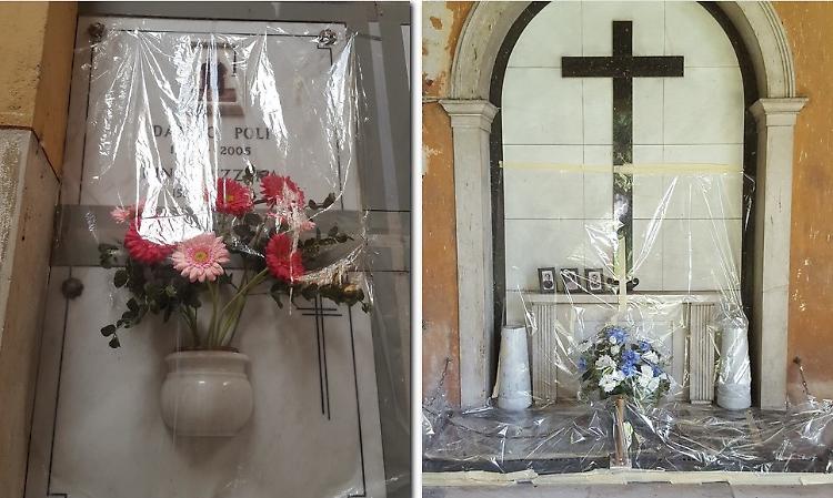 Piccioni al cimitero, lapidi coperte dal guano: cellophane per proteggerle