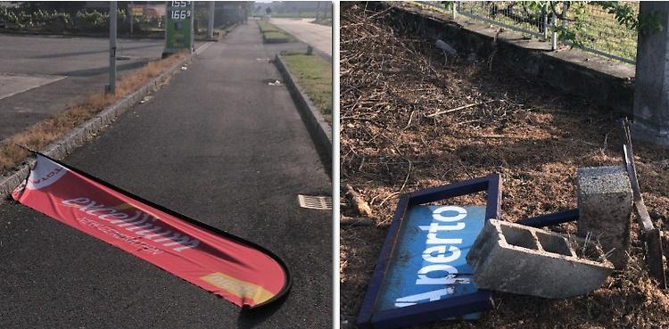 Notte da vandali sulla ciclabile: giù segnali stradali e danni al benzinaio