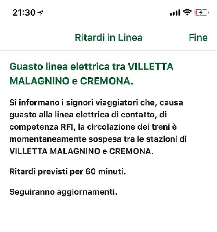 Ultim'ora. Guasto sulla linea elettrica tra Malagnino e Cremona
