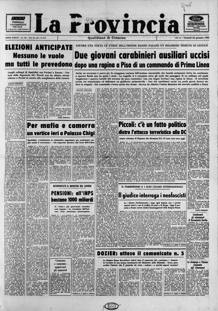 Prima pagina 22 gennaio 1982