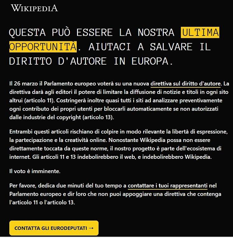Copyright, oscurata la pagina di Wikipedia