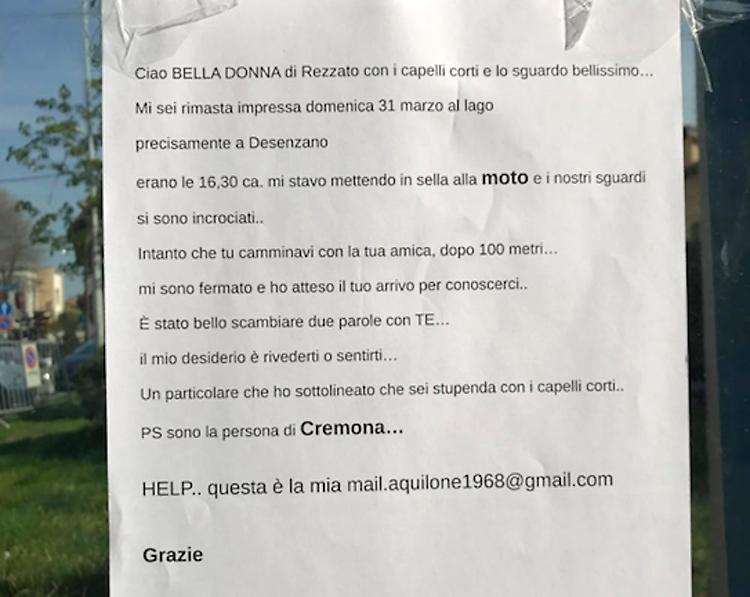 Scocca la freccia di cupido: cremonese tappezza Rezzato di biglietti per cercare la sua donna del lago