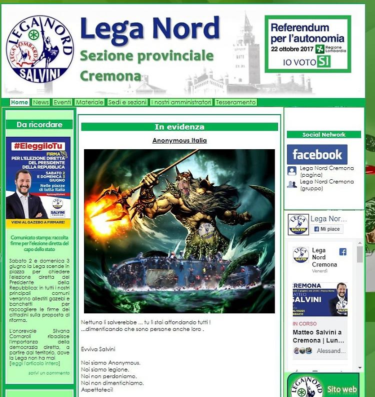 Nel giorno di Salvini Anonymous hackera il sito della Lega Cremona