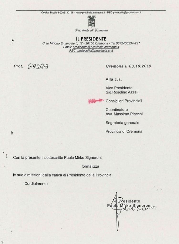 Signoroni: “Mi dimetto nell’interesse del territorio e della Provincia”