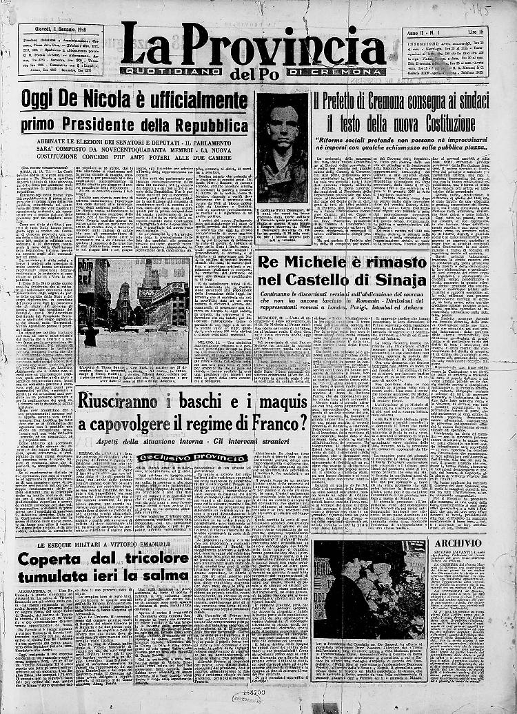 Oggi De Nicola è ufficialmente primo Presidente della Repubblica