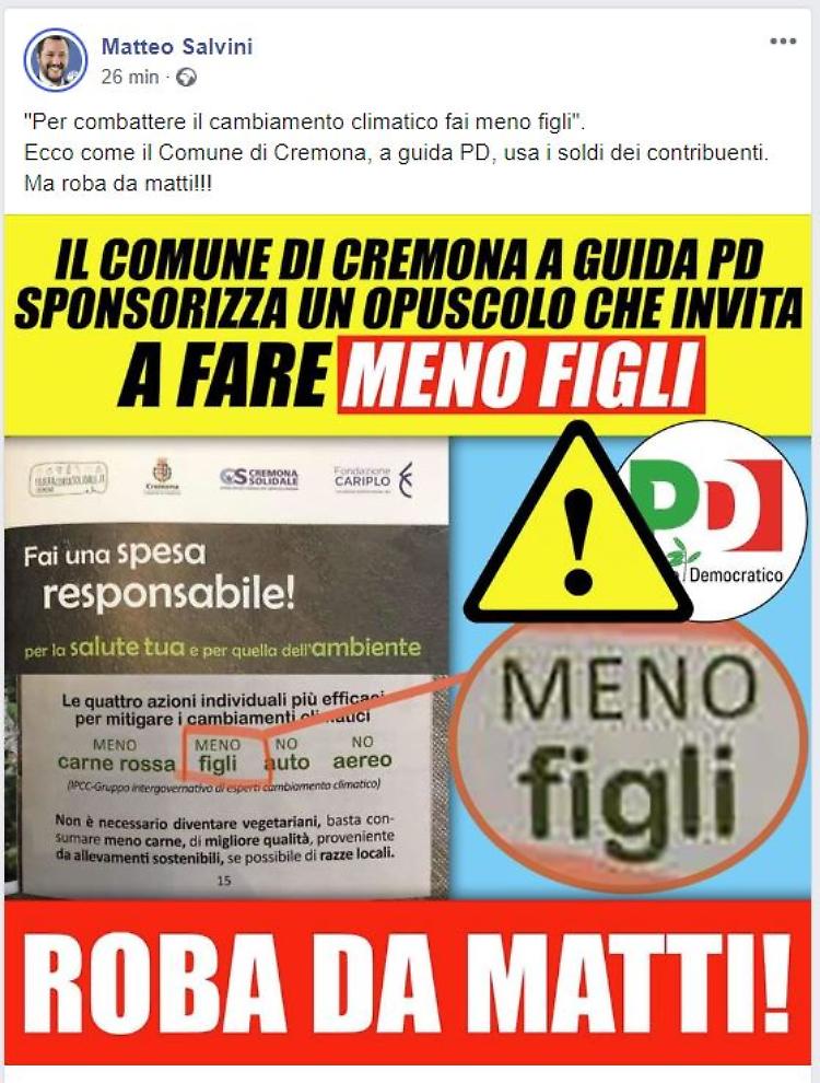 «Difendi il clima, fai meno figli», Salvini: roba da matti!