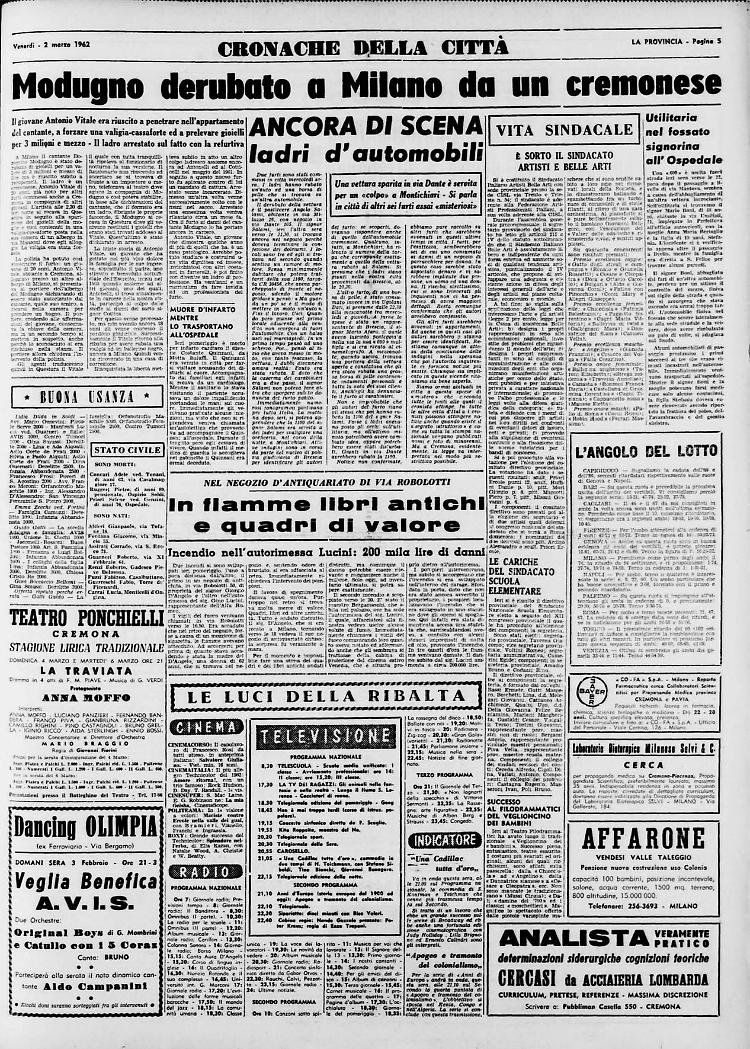 Modugno derubato a Milano da un cremonese