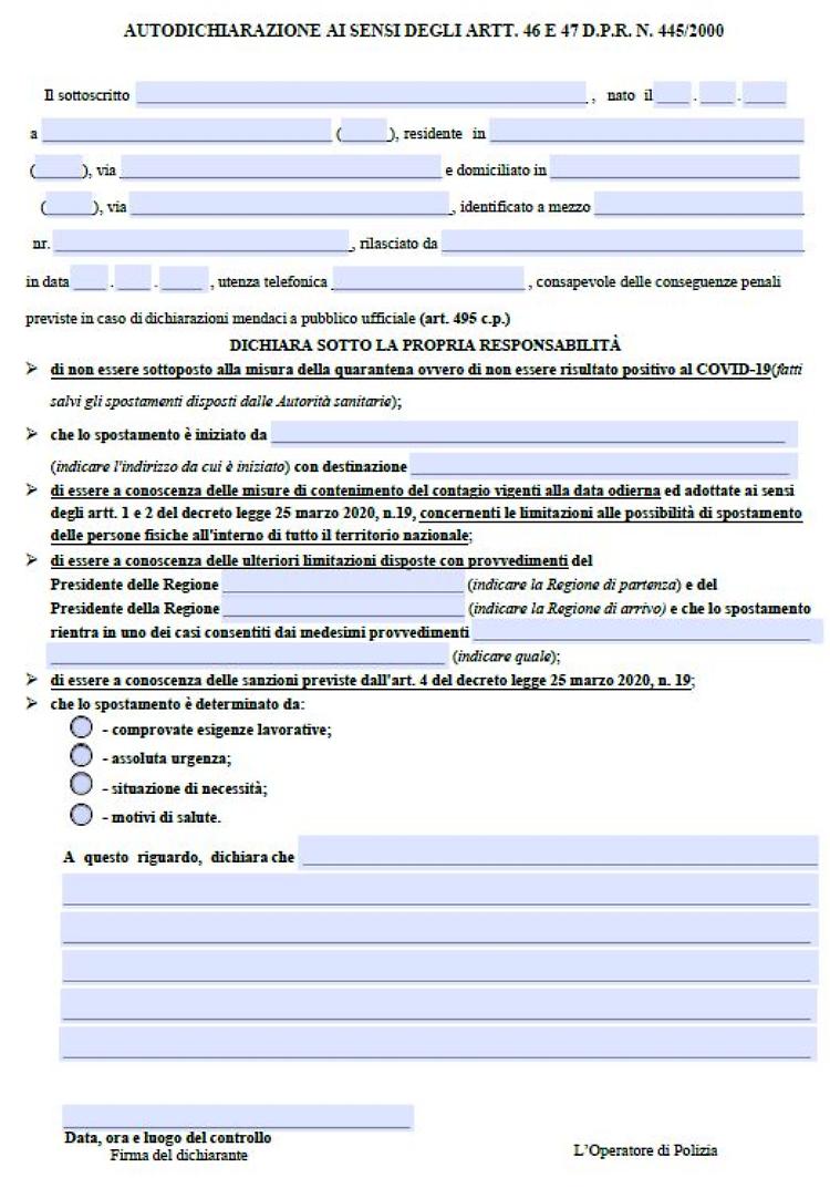 Coronavirus, ecco il nuovo modulo per l'autocertificazione