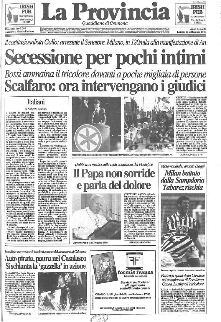 Bossi proclama la secessione della Padania dall'Italia