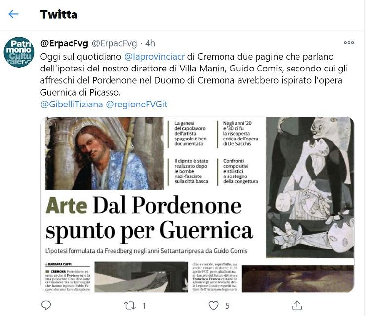 «Dal Pordenone spunto per Guarnica»: l'assessore alla Cultura del FVG twitta l'articolo de La Provincia