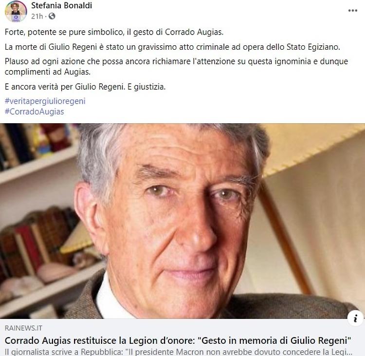 Caso Regeni, Bonaldi: 'Da Augias gesto di grande valenza'