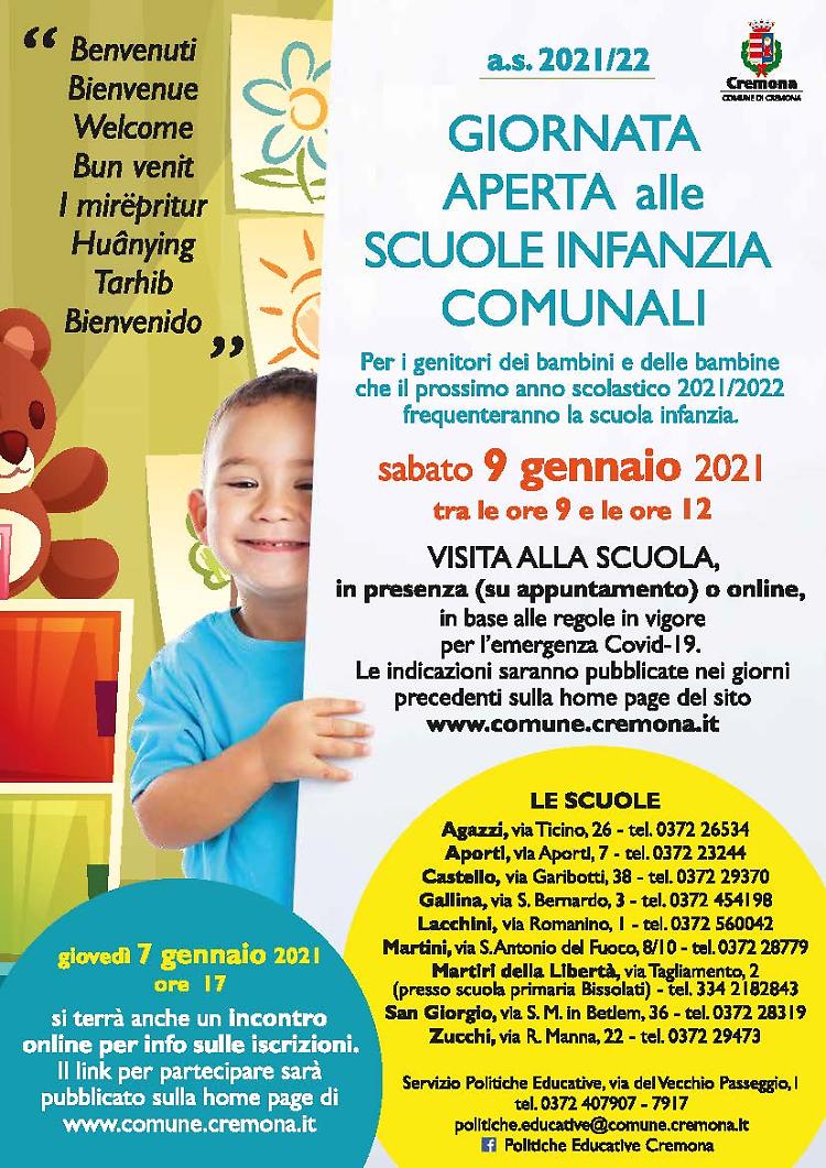 Iscrizioni alle scuole infanzia comunali dal 4 al 25 gennaio 2021