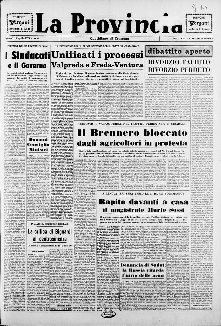 Rapito davanti a casa il magistrato Mario Sossi