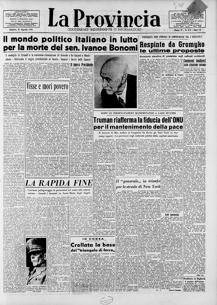 Il mondo politico italiano in lutto per la morte del sen. Ivanoe Bonomi