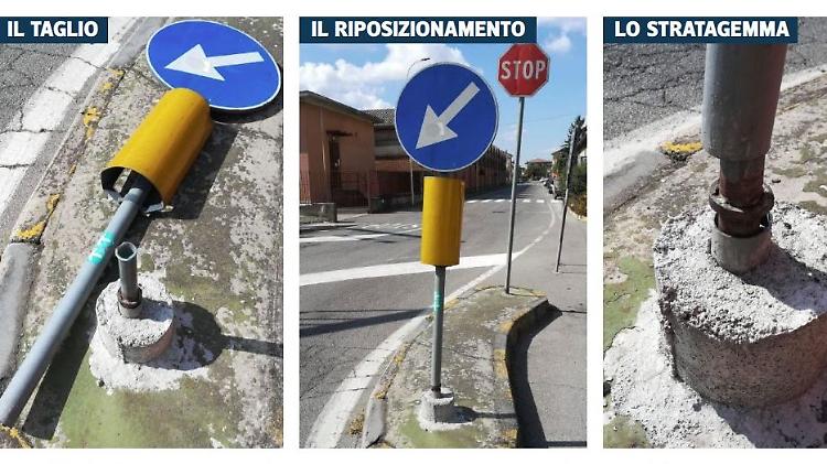 Cartelli tagliati col flessibile per far passare il camion