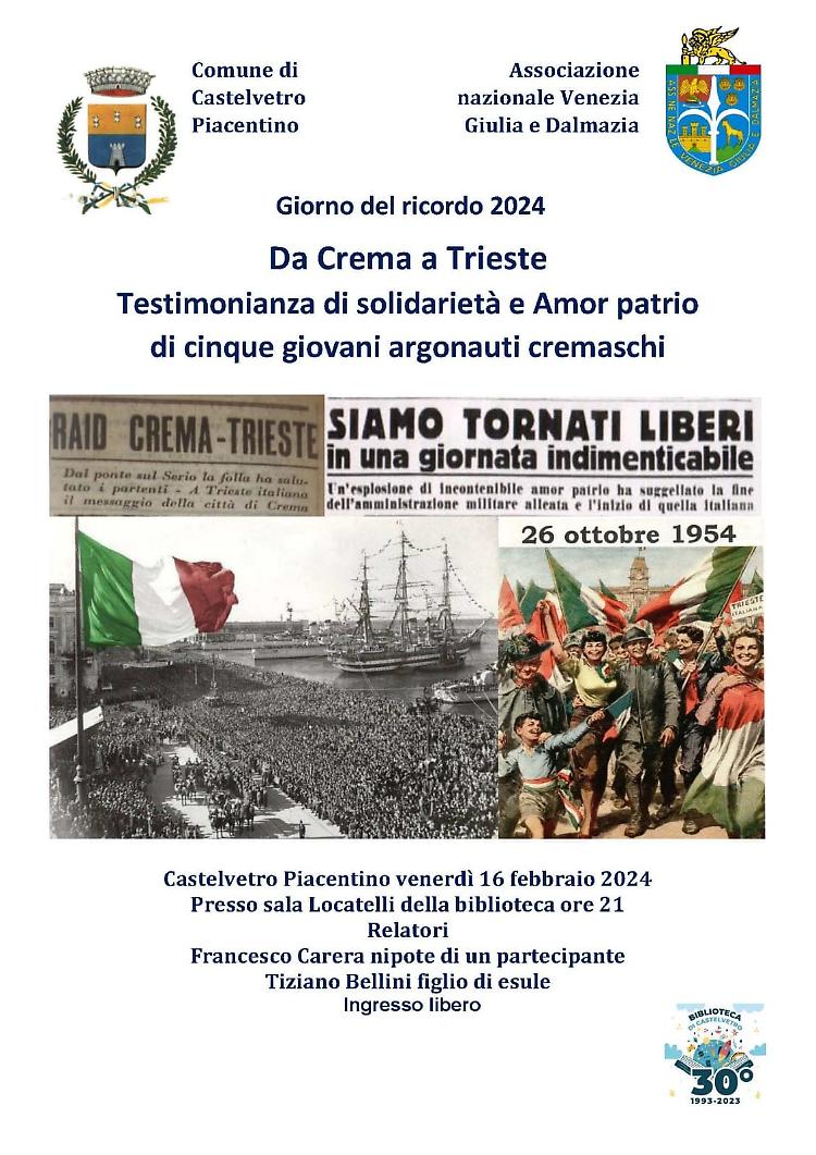 Incontro "Da Crema a Trieste", il Giorno del Ricordo