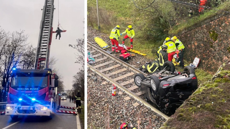 Auto precipita dal cavalcavia ferroviario, soccorritori in campo